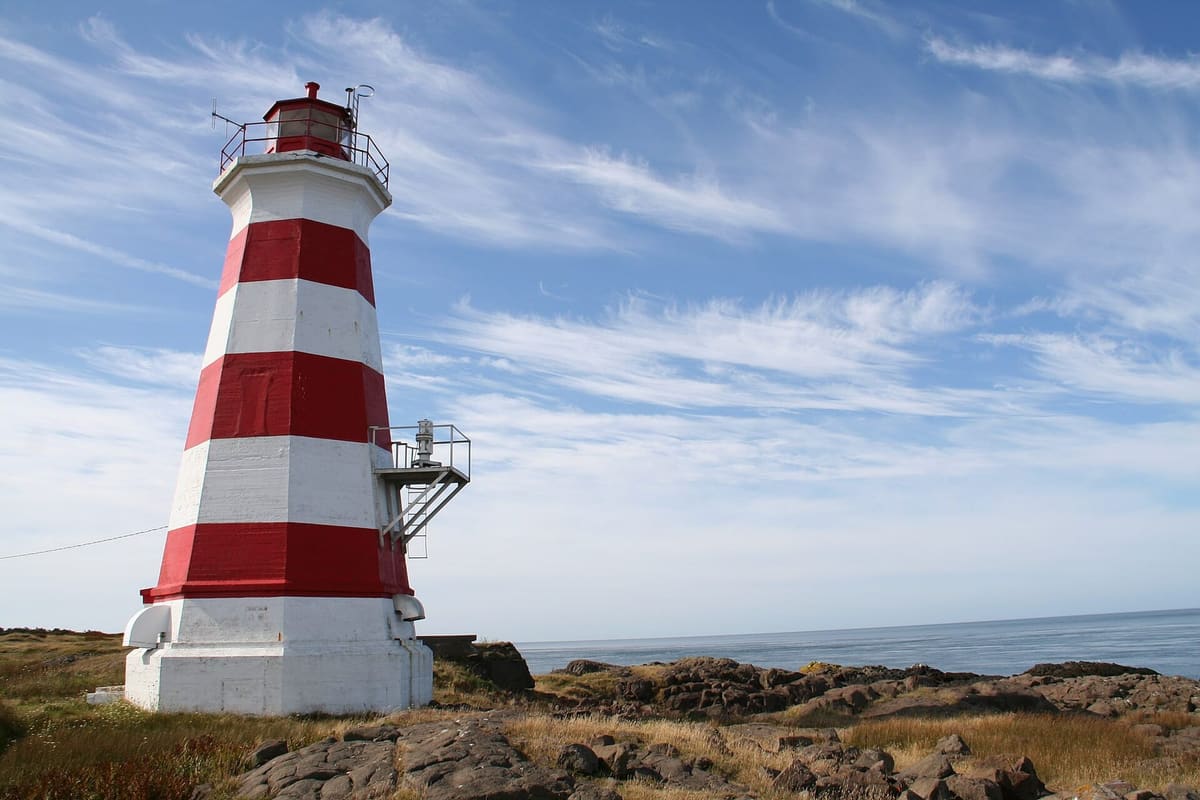 Basalt shoreline and lighthouse coast of Brier Island, Nova Scotia