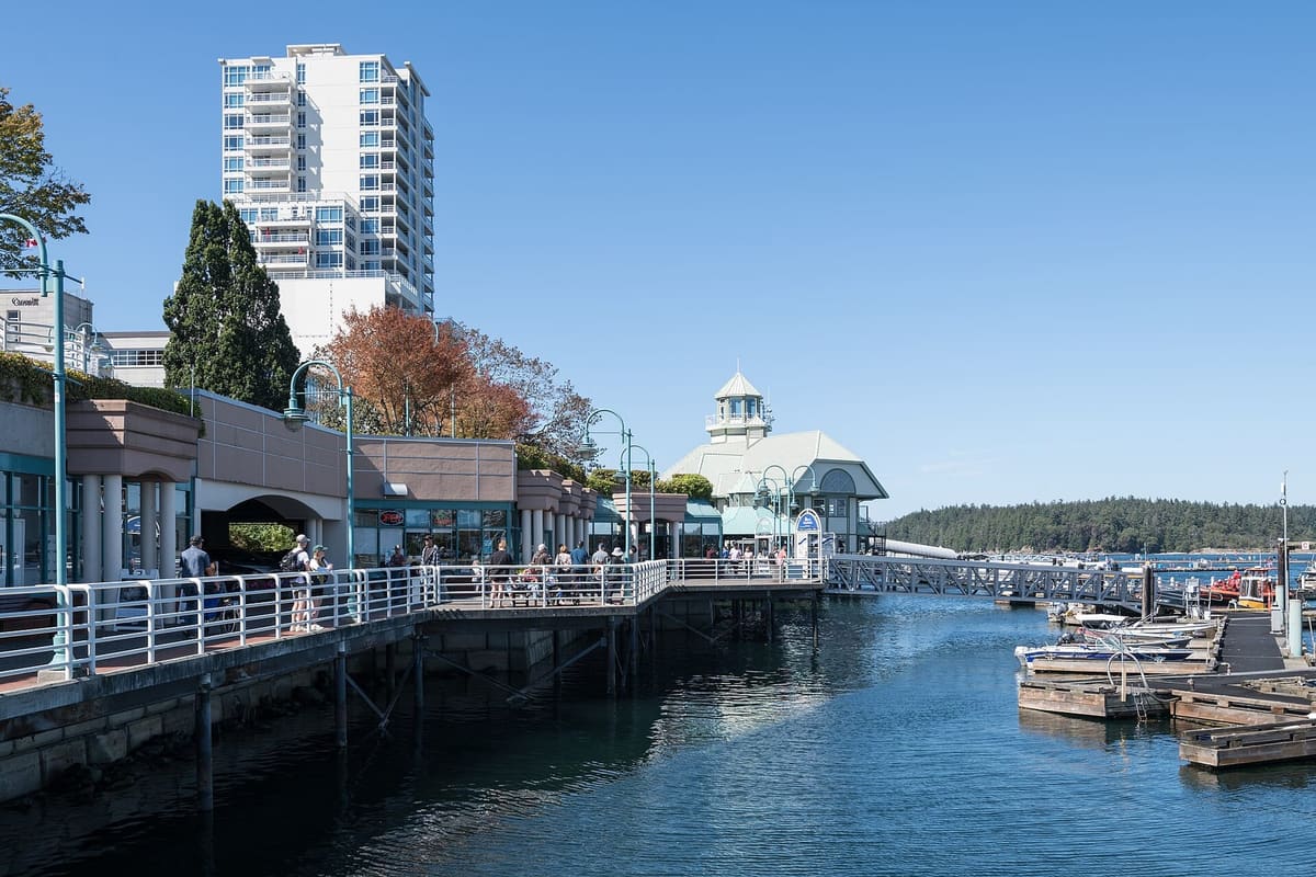 Boats and the harbourfront walkway in Nanaimo harbour, Vancouver Island